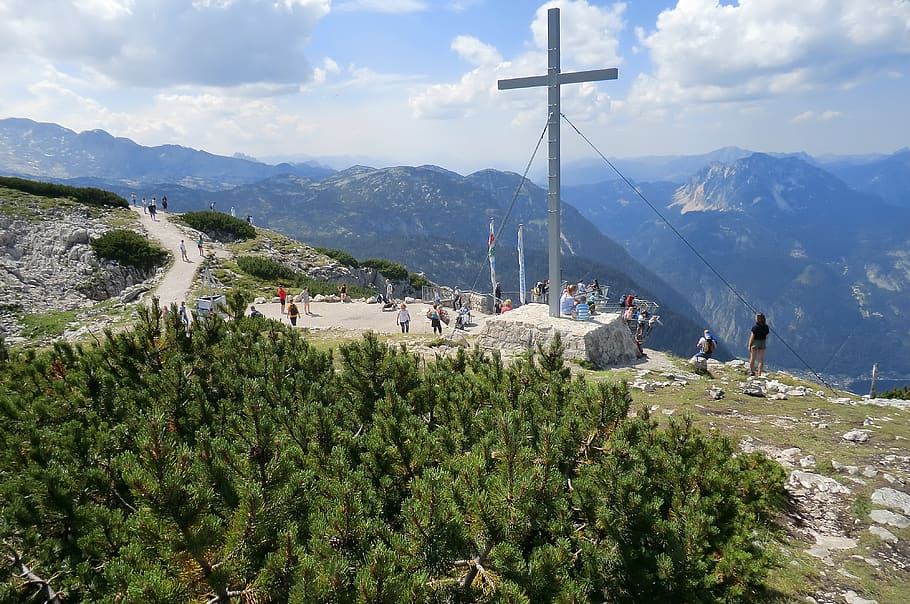 dachstein-krippenstein, salzkammergut, austria, cruz, cima, montañas, vista, alpino, paisaje, senderismo