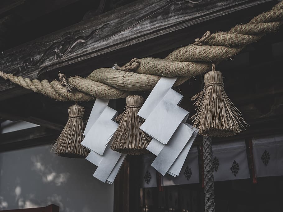 japan, kumamoto, shimenawa, lanyard, shrine, god, rope, hanging, wood - material, tied up
