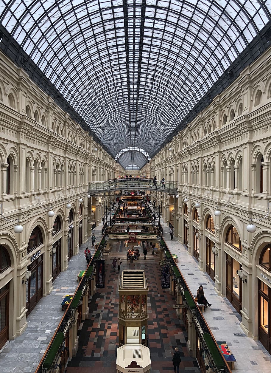mall, moscow, architecture, historically, russia, arch, built structure, ceiling, indoors, travel