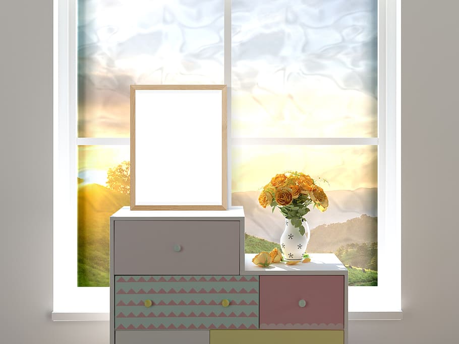 interior, frame, poster, flower, desk, window, indoors, transparent, home interior, glass - material