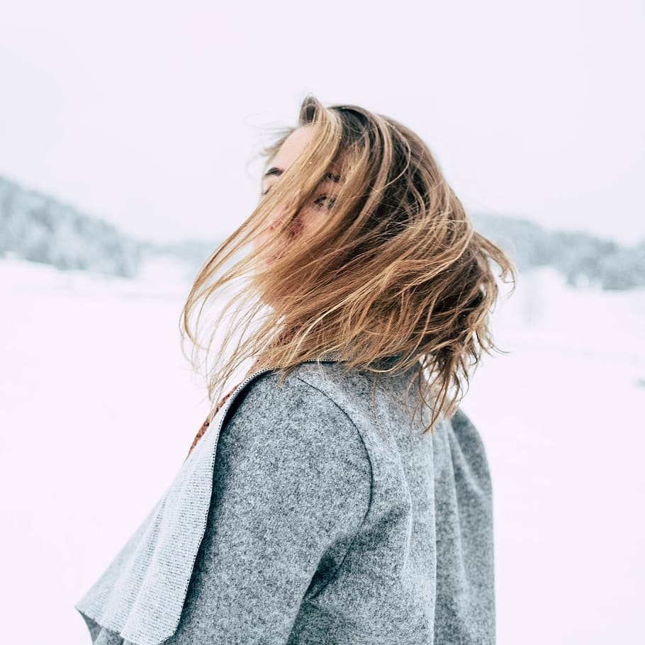 beautiful, woman, pose, wind, portrait, snow, mountains, girl, female, hair