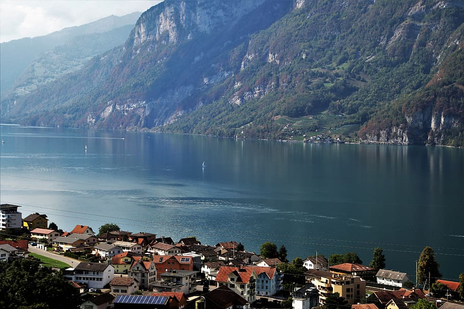 lake, array, alpine village, mountains, the height of the, blue, tops, the prospect of, peace of mind, view