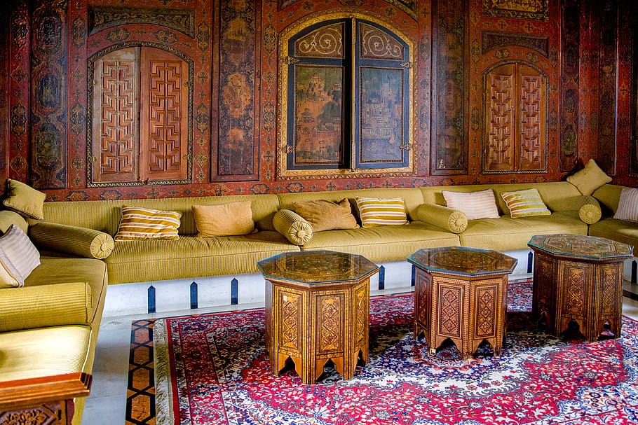 ruang tamu, oriental, istana, sofa, bangku, bantal, lukisan, kayu, dekorasi, karpet