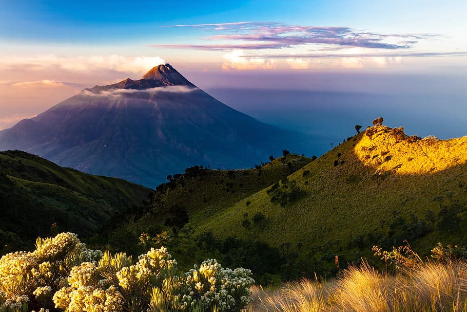 paisagem, manhã, montanha, vulcão, ilha de java, indonésia, céu, beleza natural, paisagens - natureza, nuvem - céu