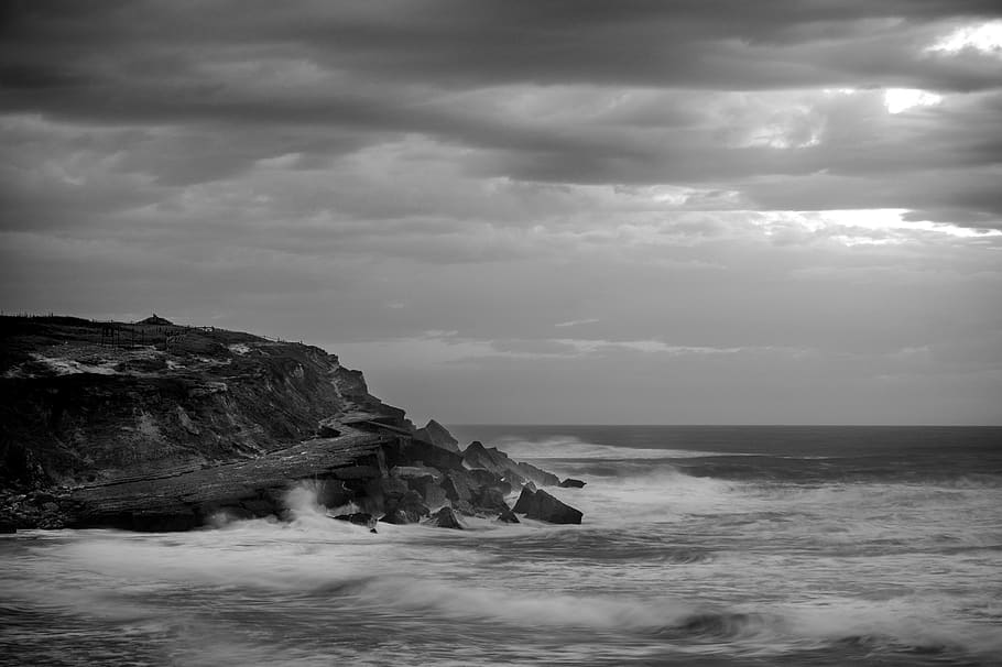 portugal, atlántico, mar, blanco y negro, océano, costa, naturaleza, playa, tormenta, ola