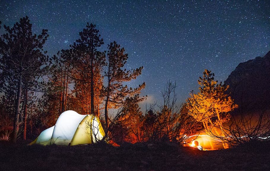 tent, star, fire, night, forest, camping, campfire, long exposure, universe, milky way