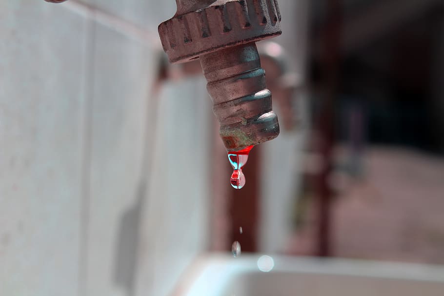 faucet, water, blood, red, drop, falls, macro, close-up, focus on foreground, day