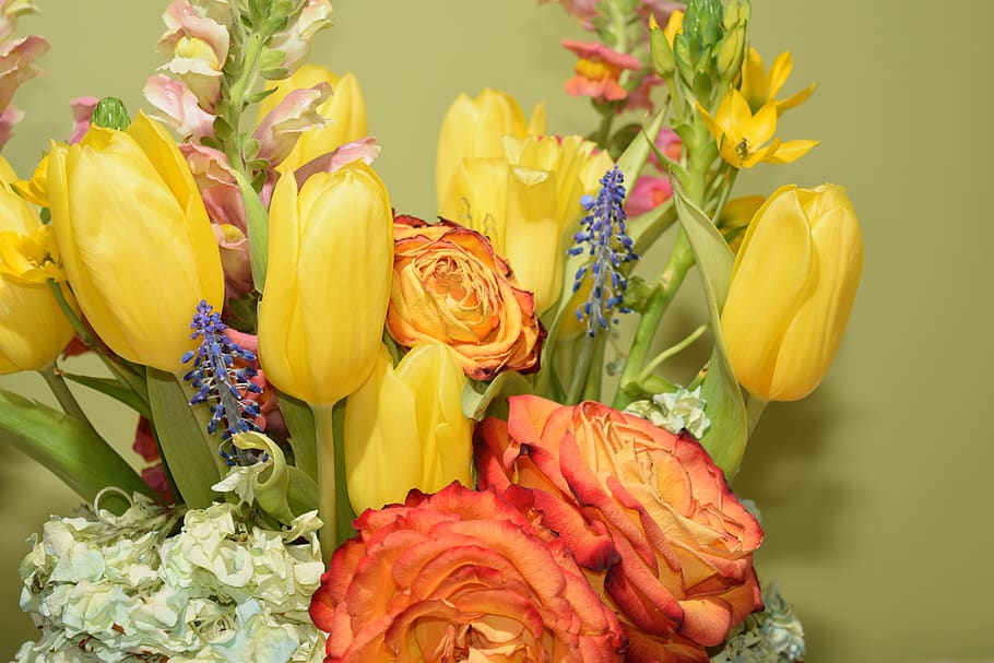 flowers, arrangement, bouquet, floral, roses, florist, colorful, spring, tulips, orange yellow