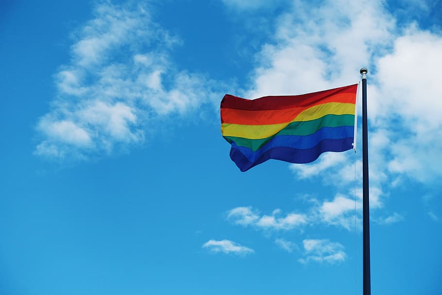gay pride flag, various, gay, lGBT, multi colored, sky, cloud - sky, flag, wind, low angle view