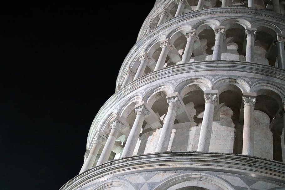 detail, leaning, tower, pisa, night, architecture, built structure, low angle view, the past, history