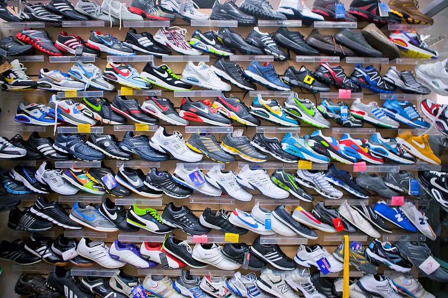 sepatu, toko, rak, olahraga, baris, penjualan, tali, stok, alas kaki, cina
