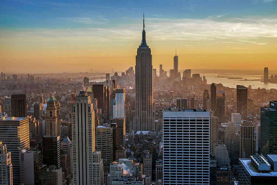 new york sunset, kota dan Perkotaan, empire State, nYC, sunset, uSA, eksterior gedung perkantoran, langit, gedung pencakar langit, bangunan