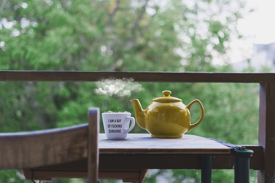 quente, copa, chá, bule de chá, bebida, comida, vapor, cadeira, mesa, natureza