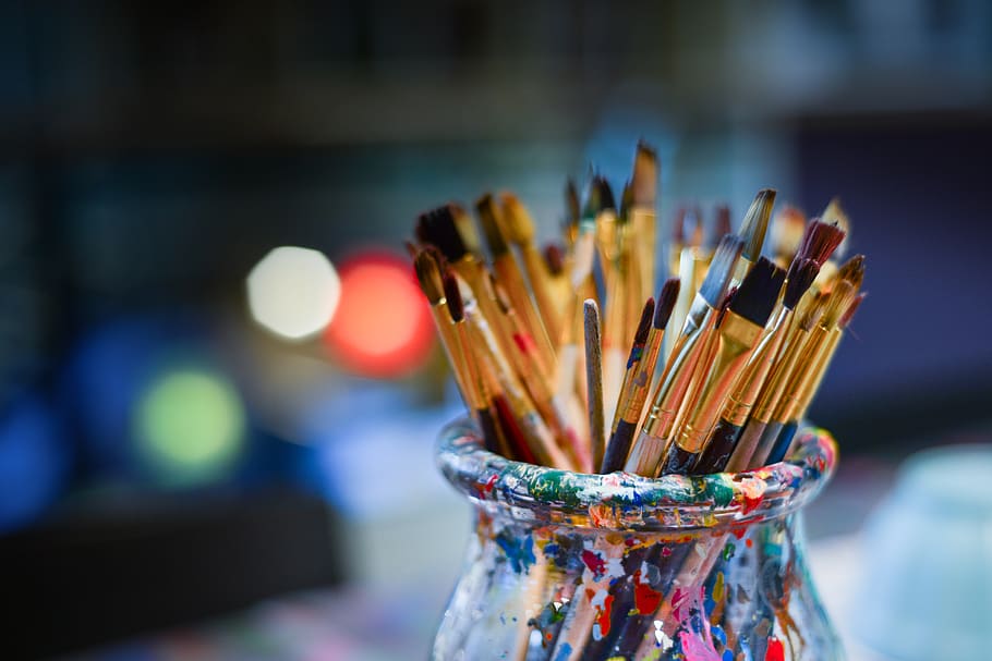 brushes, painter, work shop, bowl, lights, work, creative, creativity, painting, artist