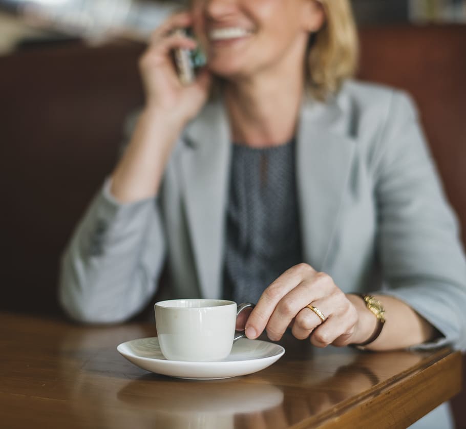 american, beverage, blazer, blond, business, businesswoman, cafe, call, calling, casual