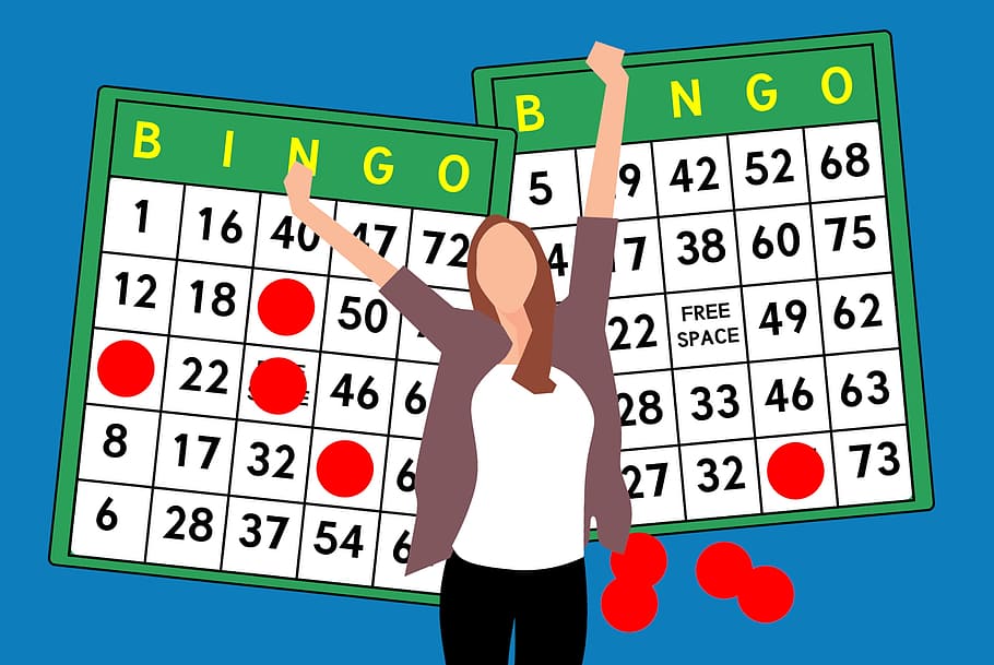 ilustración, mujer, tarjetas de bingo, ganador, pose., bingo, billetes de banco, lotería, ganar, casino