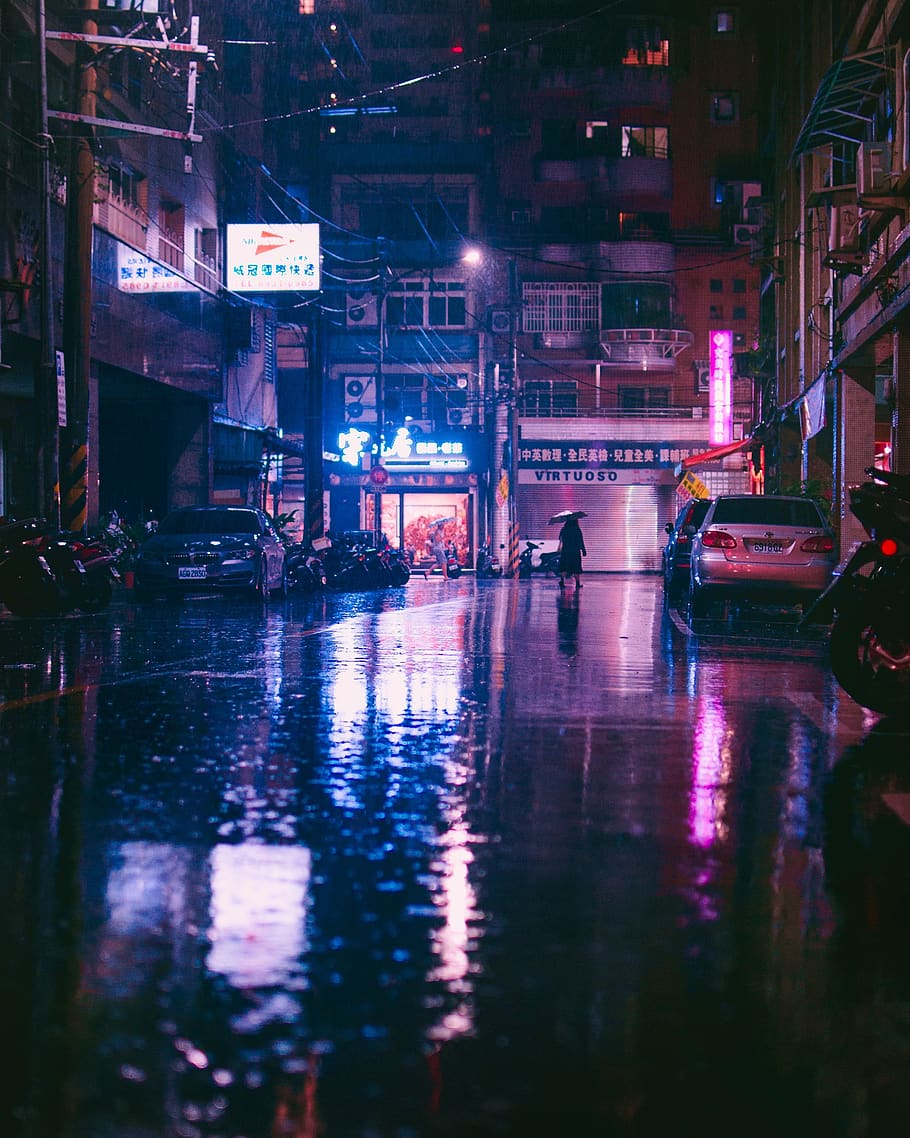 ásia, chuva, rua, iluminação, guarda chuva, agua, viagem, cidade, tailândia, urbano