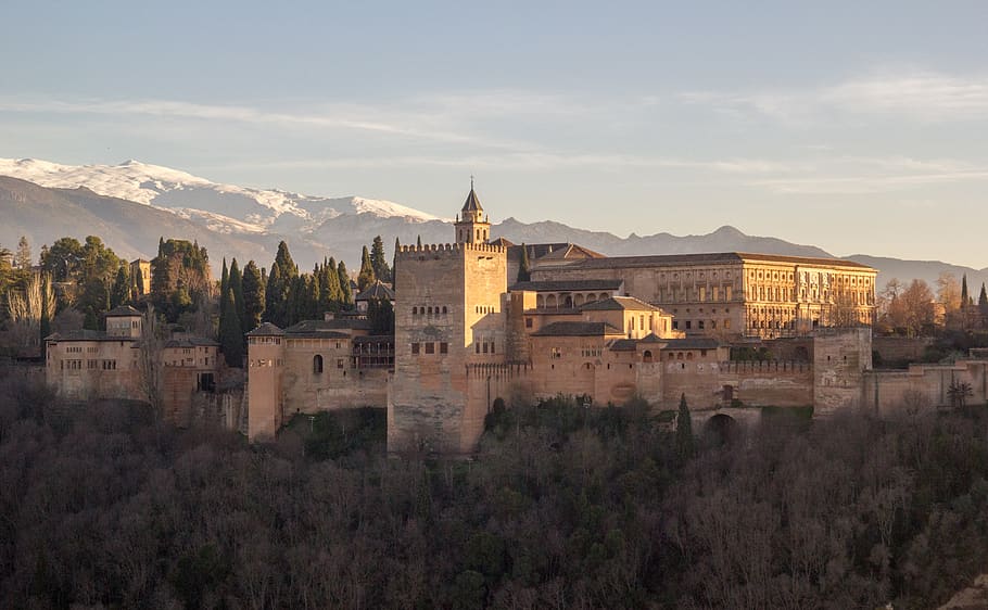 alhambra, granada, matahari terbenam, andalusia, monumen, spanyol, arsitektur, kota, pariwisata, lanskap