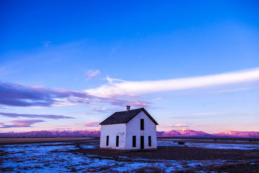 abandoned, desolate, house, snow, mountains, evening, dusk, morning, blue sky, cold