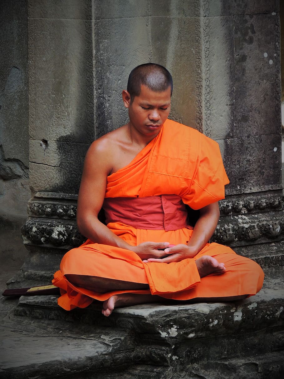 camboya, budismo, oración, religión, asia, budista, angkor, personas reales, color naranja, sentado