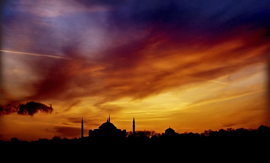 mosque, sky, holy, islam, istanbul, sunset, cloud - sky, silhouette, architecture, orange color