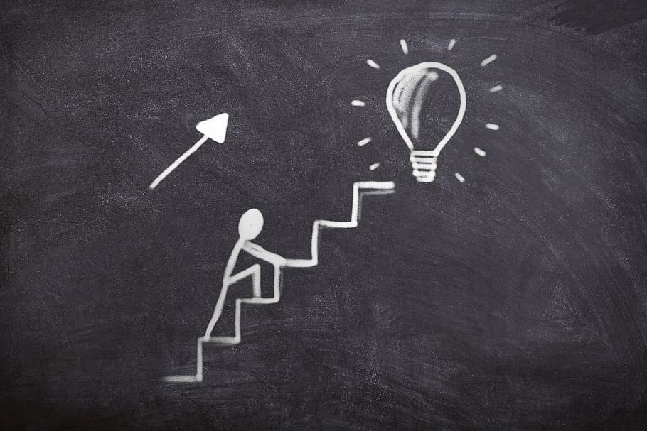 tablero, tiza, negocios, trabajo, éxito, objetivos, subir escaleras, hacia arriba, idea, mirar hacia adelante