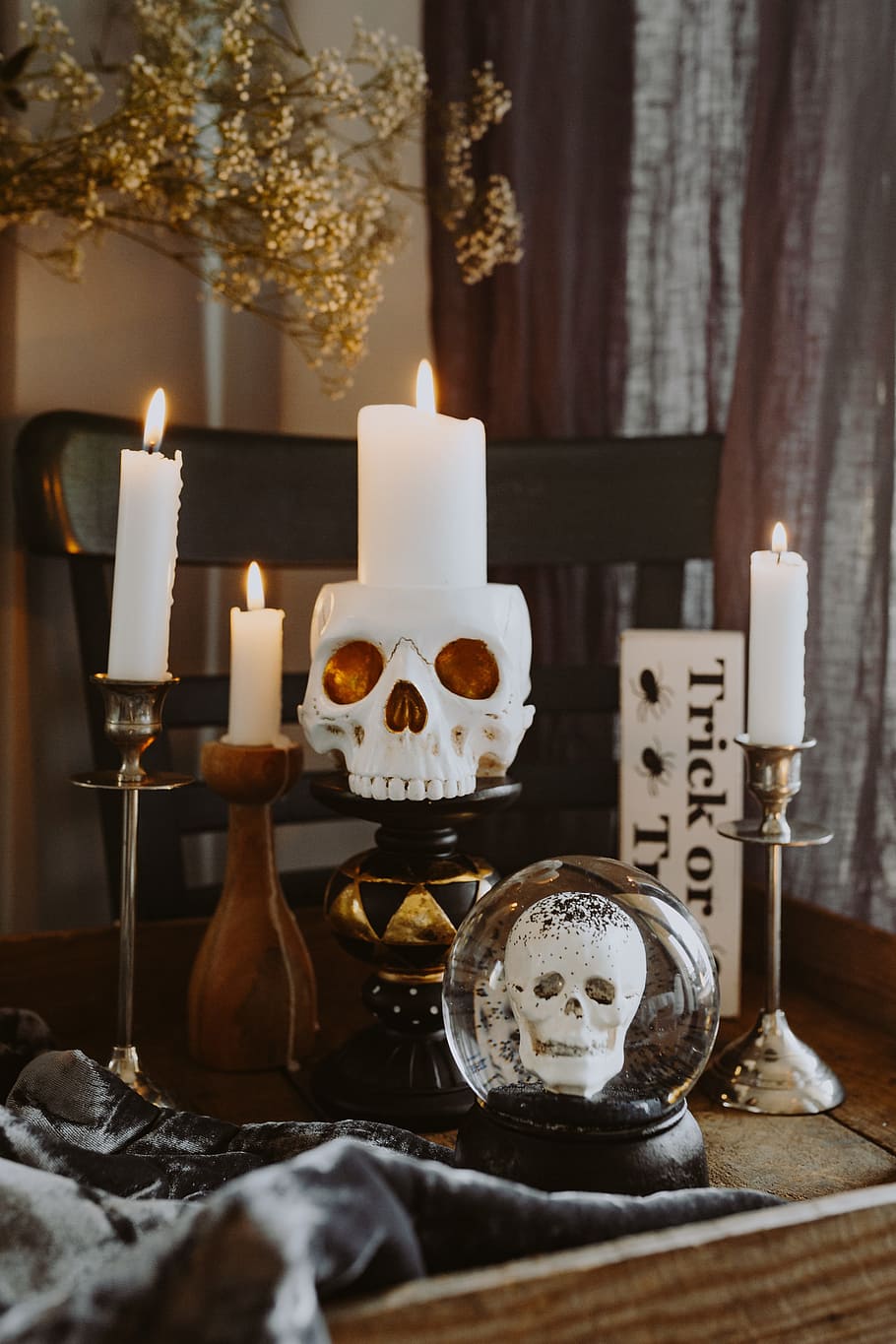 decorações de halloween, velas, outono, crânio, dia das bruxas, outubro, assustador, decorar, dentro de casa, fogo