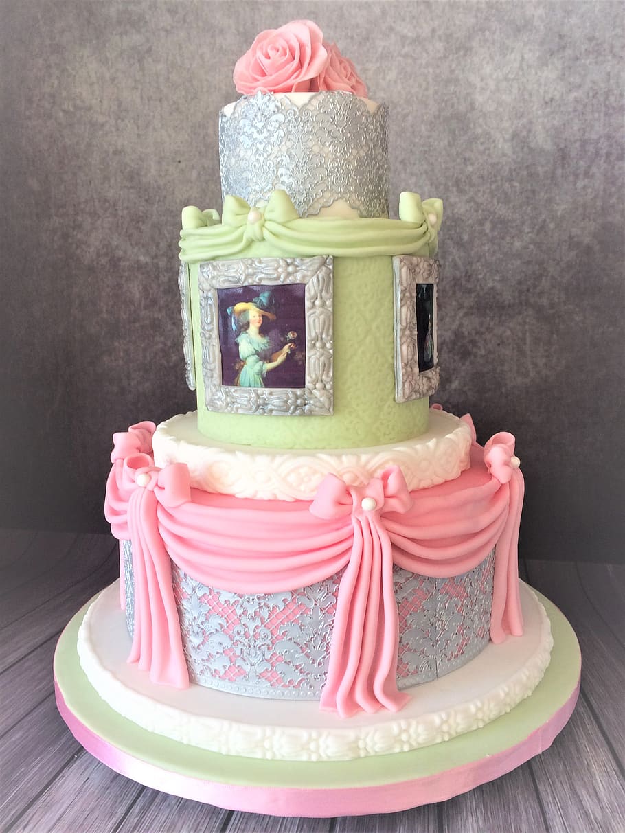wedding cake, rococo, baroque, marie antoinette, grinding, valances, three stories, romantic, pink, romance
