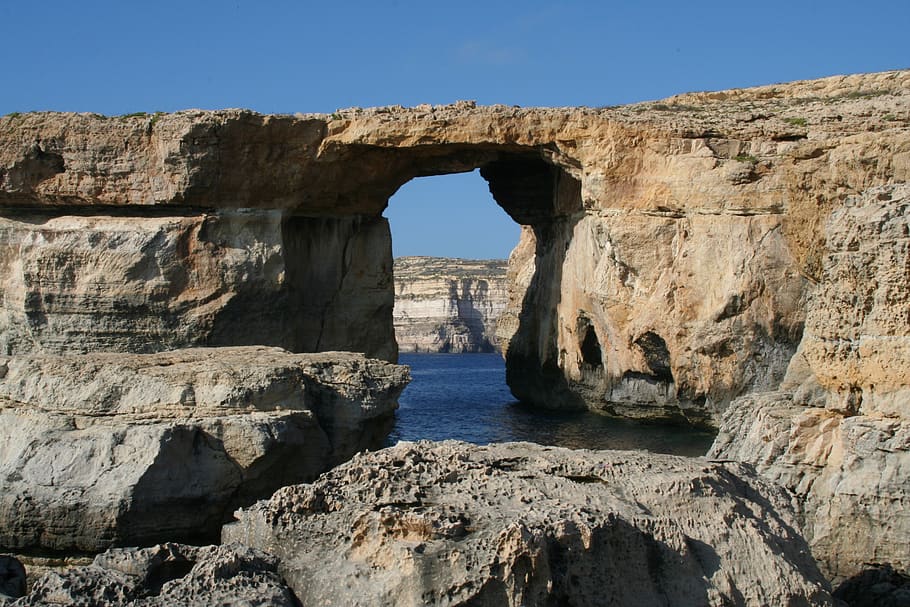 malta, azur window, island, sea, gap, window, coast, solid, rock, rock - object