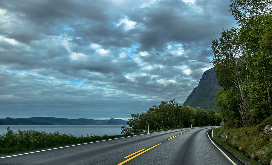 norway, way, landscape, road, nature, sky, clouds, snow, mountains, travel