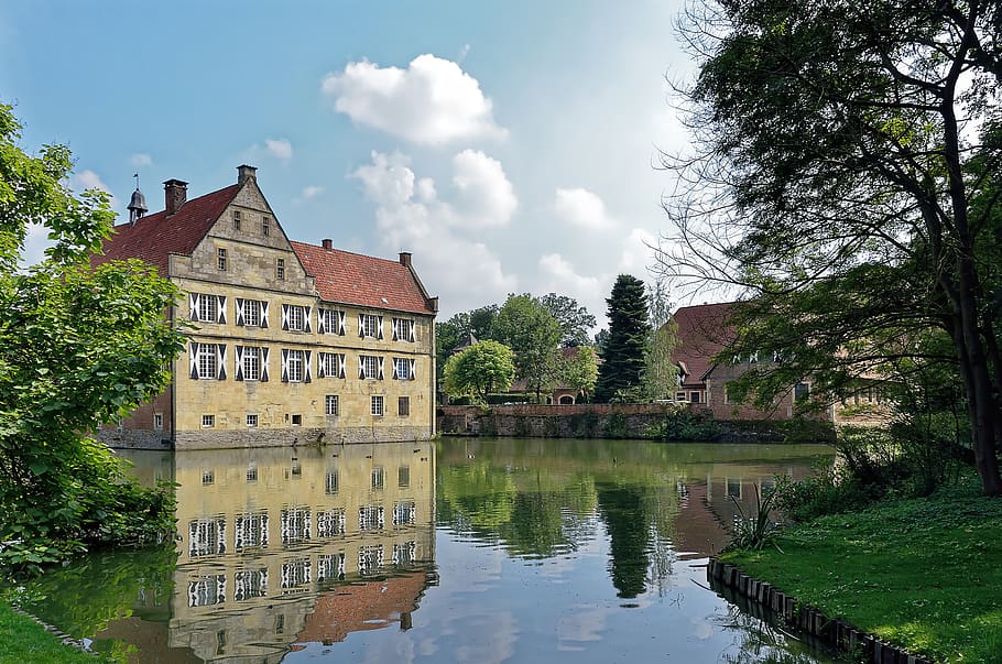 germany, burg hülshoff, wasserburg, architecture, built structure, tree, water, building exterior, plant, reflection