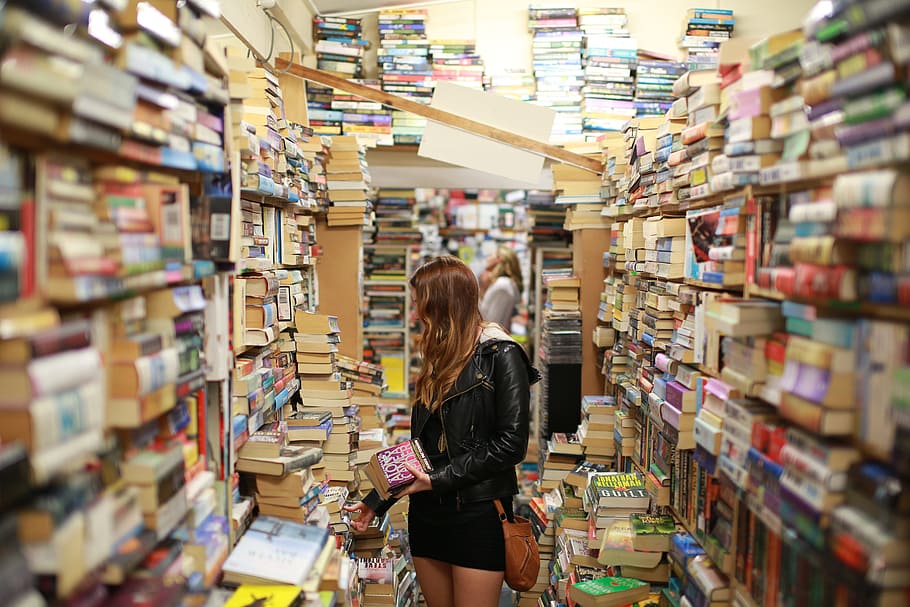 second, hand book store, retail, one person, choice, shelf, women, casual clothing, standing, adult