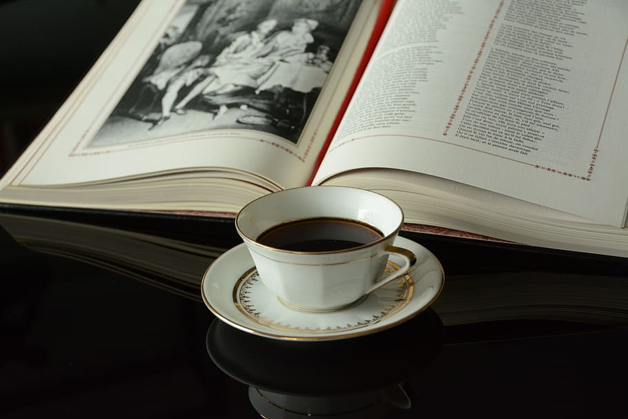 cup, coffee, porcelain, limoges, book, pause, beverages, aroma, hot, espresso
