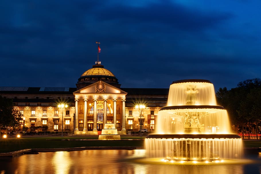 kurhaus, blue hour, soft water, illumination, fountain, night photograph, places of interest, building, water, reflection