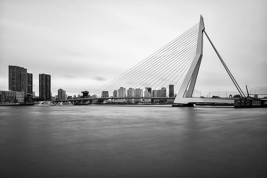erasmus bridge, slow shutter speed, the high and mighty, rotterdam, black white, black and white photo, holland, netherlands, sights, point of interest