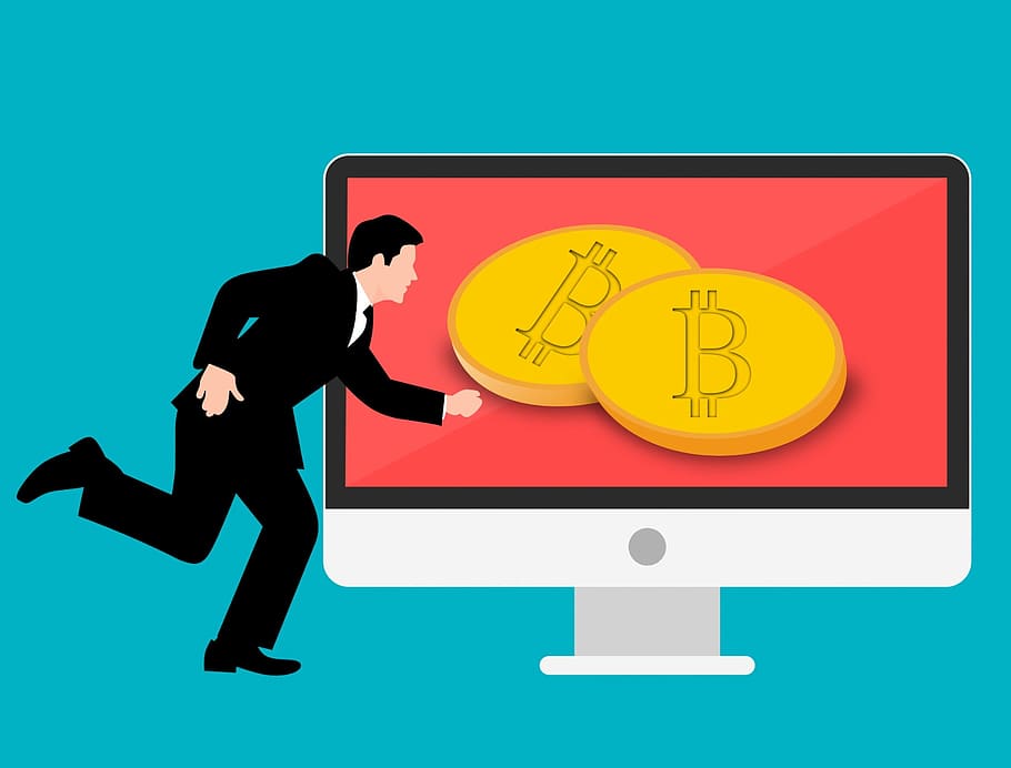 ilustração, homem, corrida, direção, tela do computador, exibição, moedas, ícone bitcoin, blockchain, bitcoin