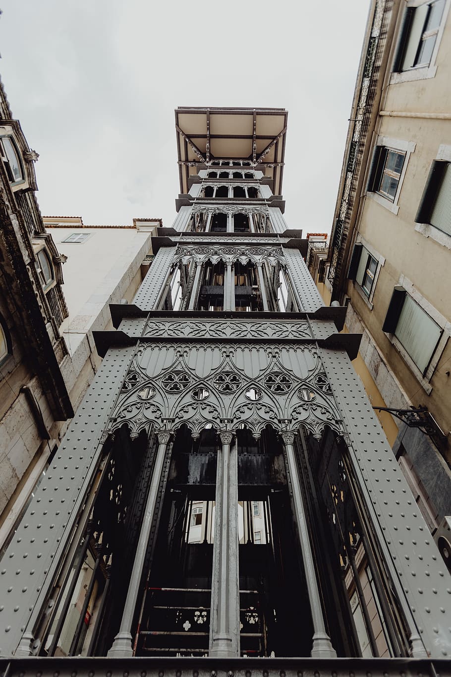 view, historic, elevator, lisbon, portugal, lift, santa justa lift, architecture, built structure, low angle view