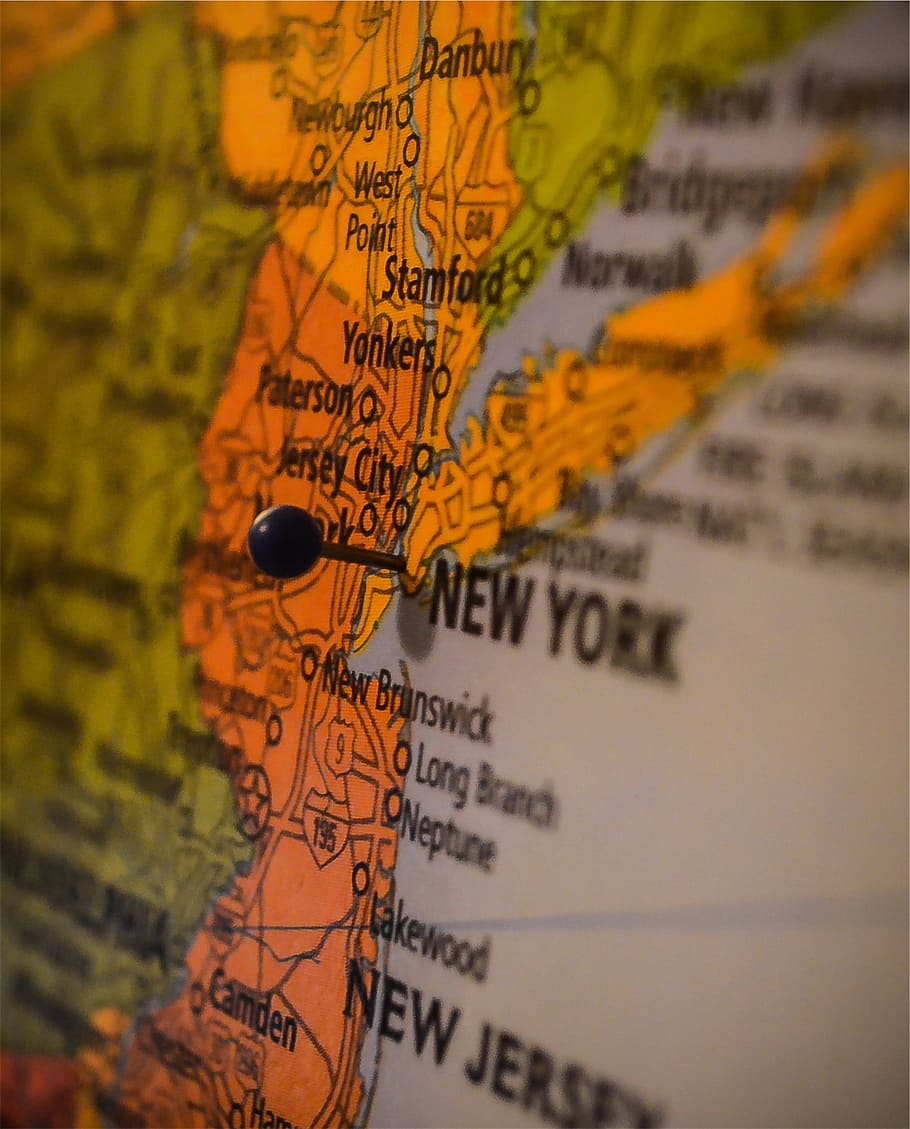 map, New York, New Jersey, pin, USA, United States, text, communication, travel, indoors
