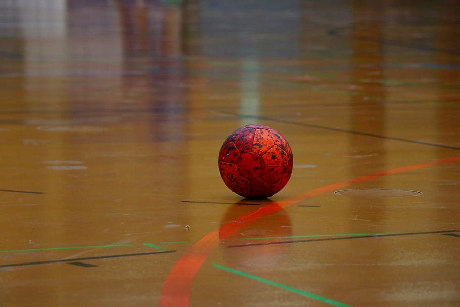 handball, hall floor, resin, passion, sport, close-up, ball, indoors, reflection, red