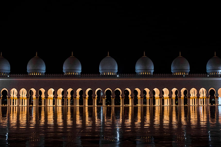 uae, abu dhabi, jeque zayed, gran, mezquita, noche, luces, azul, oscuro, cúpula