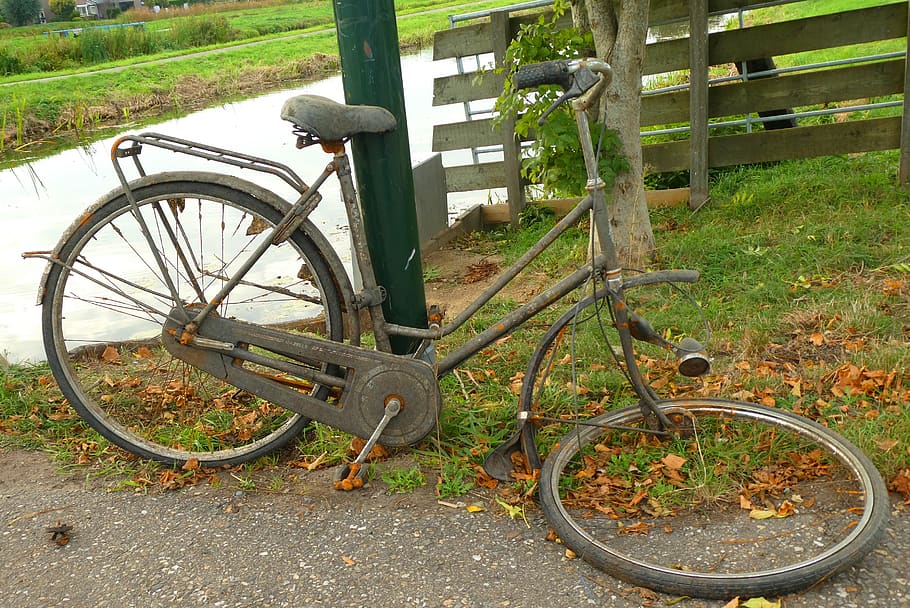 old bicycle, wreck, waste, rust, scrap, garbage, metal, broken, leave, iron
