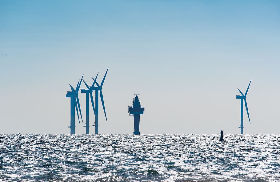 sea, offshore, water, sky, environment, wind, wind turbine, clear sky, waterfront, nature