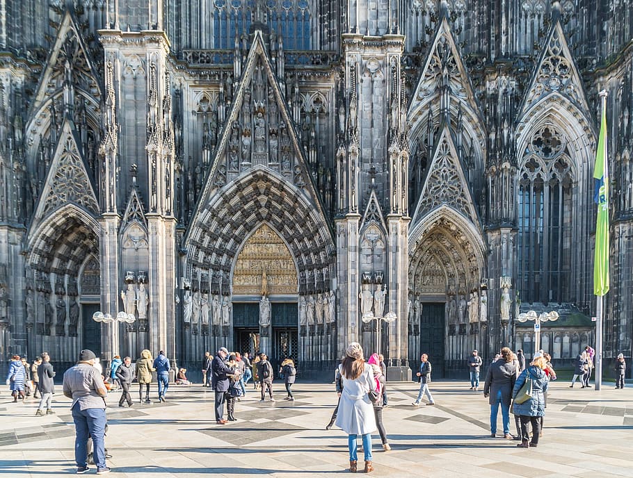 arquitetura, catedral, igreja, viagem, cidade, colônia, jakobsweg, portal principal, portal de peter, multidão