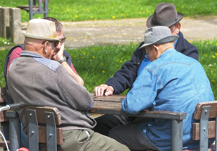 pensioners, men, domino game, sitting, hat, protected, pastime, park, leisure, strategy