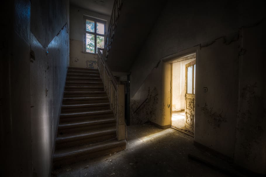 luz, arquitetura, passo, porta, janela, misterioso, escuro, dentro de casa, sombra, entrada