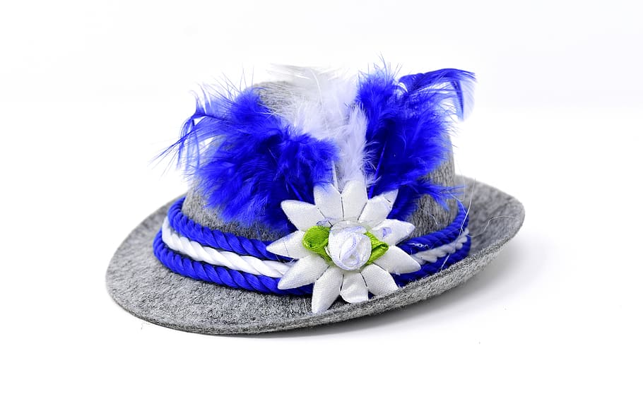 sombrero, carnaval, baviera, azul, blanco, disfraz, disfrazarse, Flor, fondo blanco, planta floreciendo