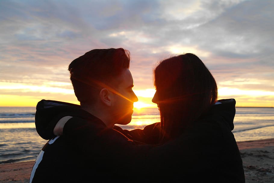 love, dawn, beach, look, relationship, sun, sea, couple, horizon, sunset