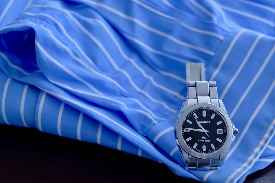 watch, shirt, business, stripe, blue, sleeve, time, clock, textile, indoors
