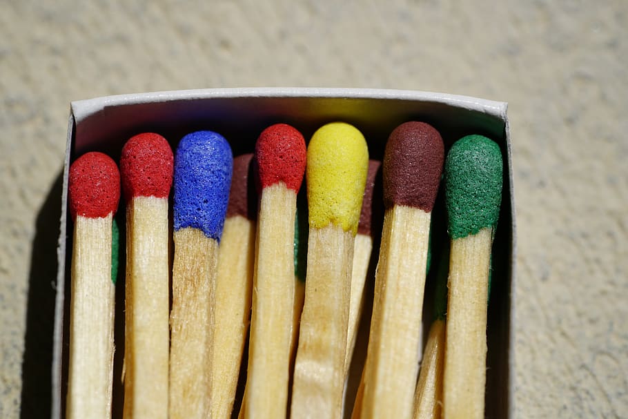 matches, kindle, sticks, lighter, match heads, colorful, color, sulfur, matchstick, wood - material