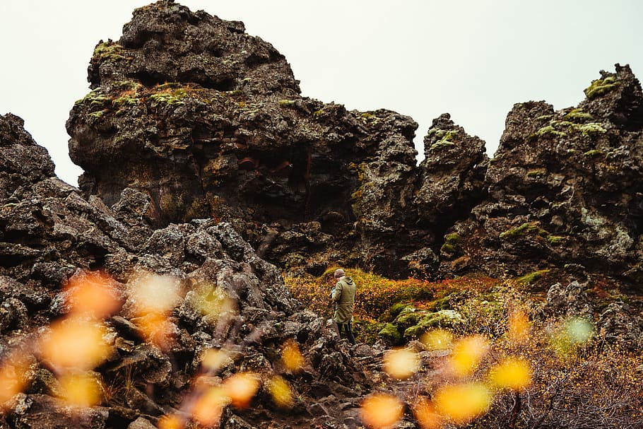 photographer, volcanic, rocky, hills, covered, grass, adventure, formation, landscape, mountain